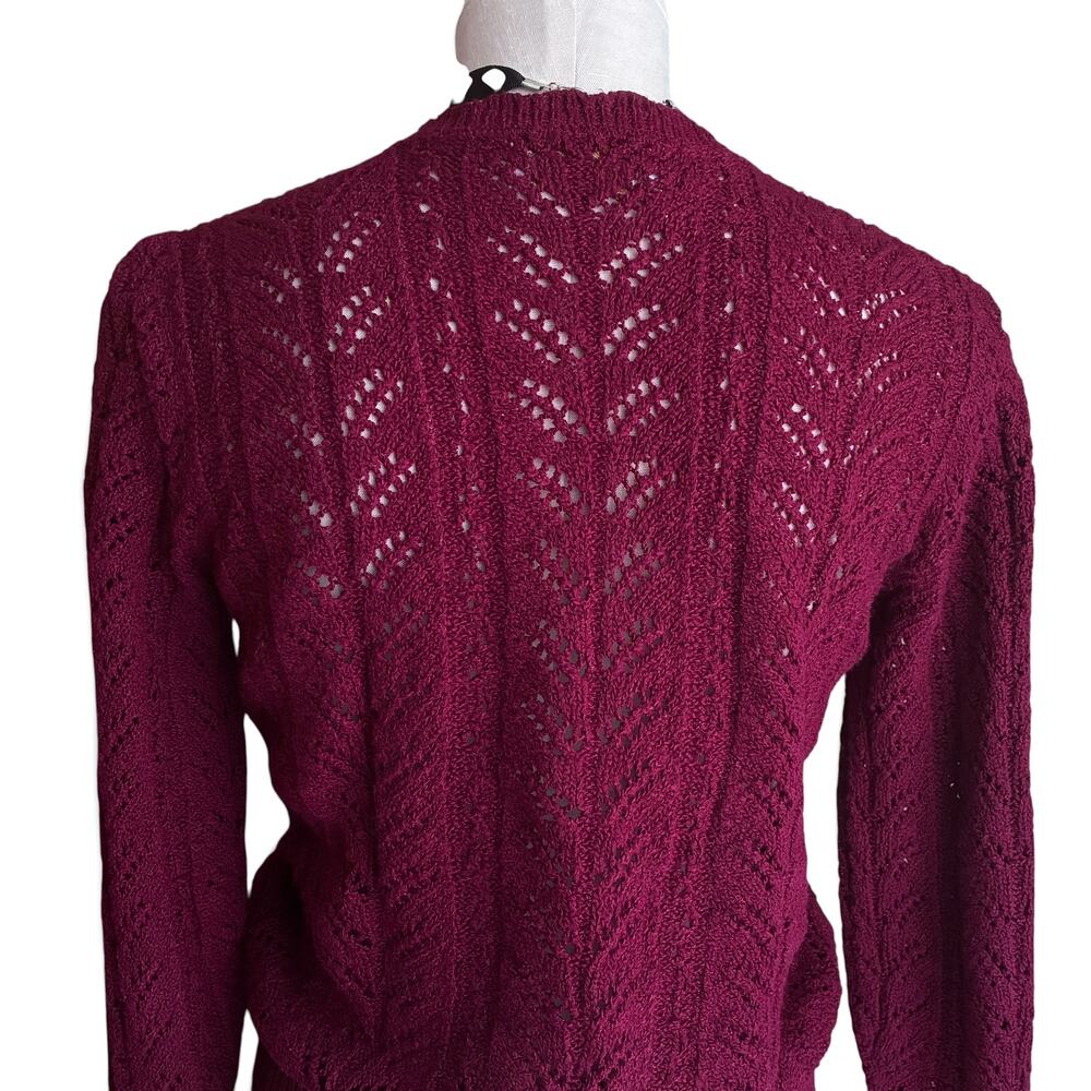 Vintage 80s Burgundy Crochet Knit Sweater Medium, Open Weave Ribbed Trim Top - Picture 12 of 16